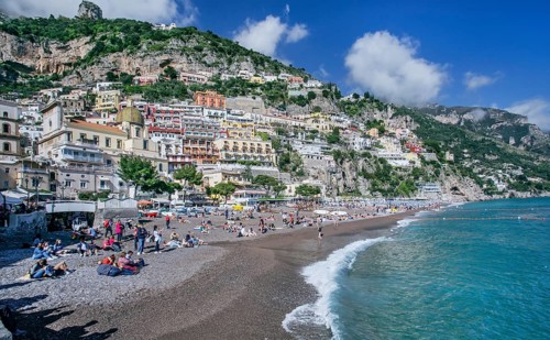 Village view with bathing beach, Positano