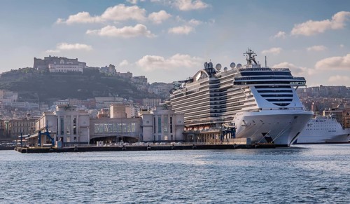 Maritime station Statione Marittima with cruise ship MSC Seaview, Vomero in the background