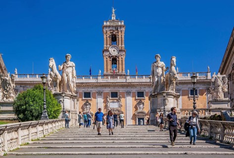 Staircase to the Capitol with statues of the Dioscuri and the Senatorial Palace, Rome