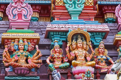 Brahma and Vishnu images. Sculptures on Hindu temple gopura