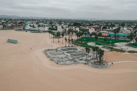 Aerial View of Empty Venice Beach Skatepark morning vibe with no people HQ