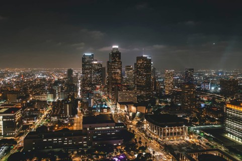 Aerial View of Downtown Los Angeles Skyline with City Lights from Aerial Perspective HQ