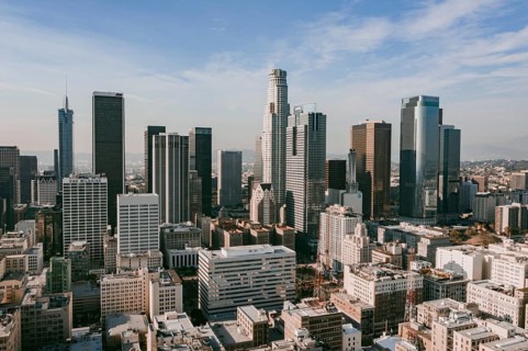 Circa November 2019: Aerial Drone View of Los Angeles Downtown on beautiful Sunny Day HQ