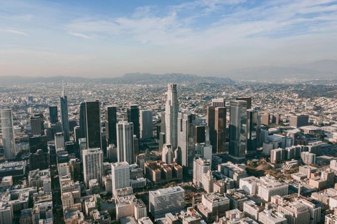 Circa November 2019: Aerial Drone View of Los Angeles Downtown on beautiful Sunny Day HQ