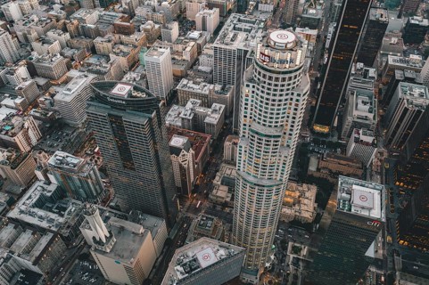 Circa November 2019: Spectacular Aerial Drone Shot of Downtown Los Angeles