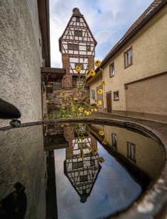 View of the stork tower with reflection in water of a rain barrel