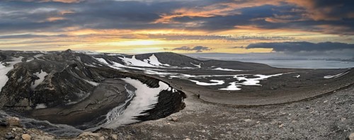Deception Island Caldera Bay Telephone Bay with Cruise Ship Panorama Antarctica