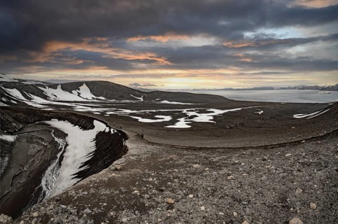 Deception Island Caldera Bay Telephone Bay with Cruise Ship Antarctica