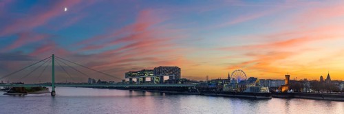 Panorama from Deutzer Bruecke on Rheinauhafen with crane houses