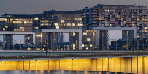 Severinsbruecke and Rheinauhafen with crane houses