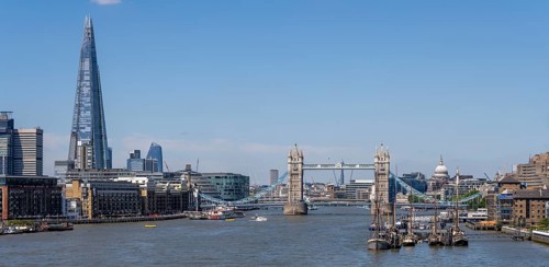 Tower Bridge The Shard ships and other skyscrapers on the Thames London England