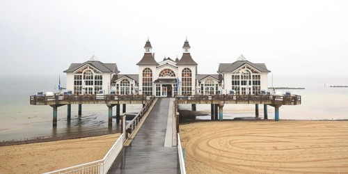 Sellin pier on the Baltic Sea island of Ruegen at fog