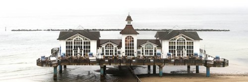 Sellin pier on the Baltic Sea island of Ruegen at fog