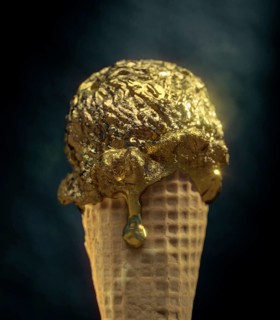 Gold ice cream scoop in wafer against a dark background. 3D rendering. Illustration. Wealth. Decadence