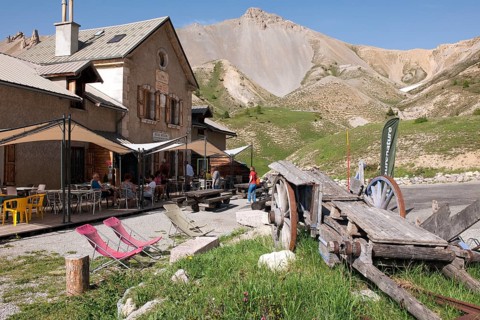 Historic Refuge Napoleon inn from 1858 with terrace at Col de l Izoard