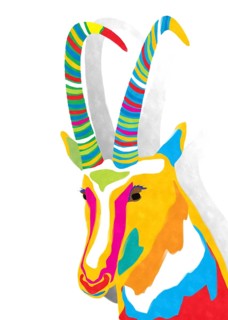 Watercolor style drawing of colored goat against white background