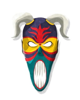 Scarry horned tribal mask in watercolor style over white