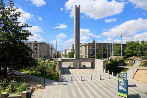 Square Jean-Baptiste Mathon with obelisk and pedestrian area Rue de Siam