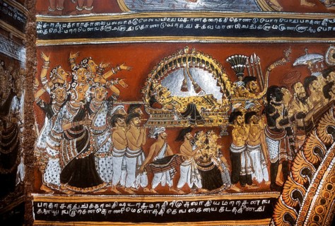 18th century Ramayana epic murals fresco painting on Bodi Zamin palace walls in Bodinayakanur