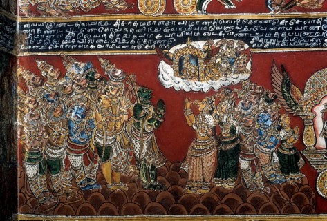 18th century Ramayana epic murals fresco painting on Bodi Zamin palace walls in Bodinayakanur