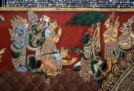 18th century Ramayana epic murals fresco painting on Bodi Zamin palace walls in Bodinayakanur