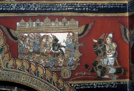 18th century Ramayana epic murals fresco painting on Bodi Zamin palace walls in Bodinayakanur