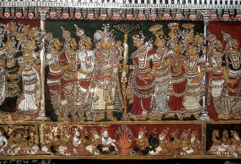 18th century Ramayana epic murals fresco painting on Bodi Zamin palace walls in Bodinayakanur
