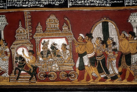 18th century Ramayana epic murals fresco painting on Bodi Zamin palace walls in Bodinayakanur