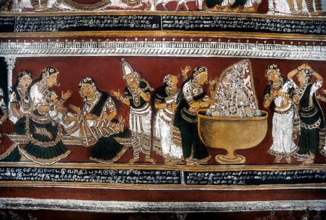 18th century Ramayana epic murals fresco painting on Bodi Zamin palace walls in Bodinayakanur