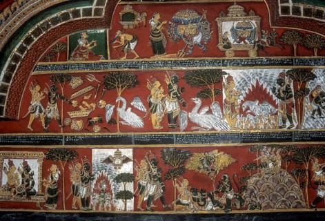 18th century Ramayana epic murals fresco painting on Bodi Zamin palace walls in Bodinayakanur