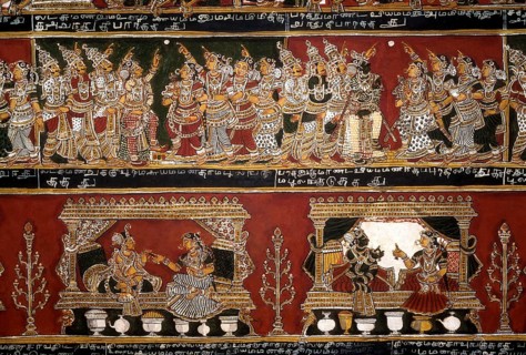 18th century Ramayana epic murals fresco painting on Bodi Zamin palace walls in Bodinayakanur