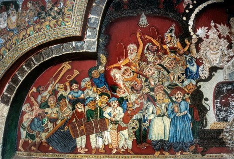 18th century Ramayana epic murals fresco painting on Bodi Zamin palace walls in Bodinayakanur