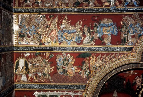 18th century Ramayana epic murals fresco painting on Bodi Zamin palace walls in Bodinayakanur