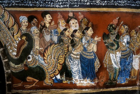 18th century Ramayana epic murals fresco painting on Bodi Zamin palace walls in Bodinayakanur