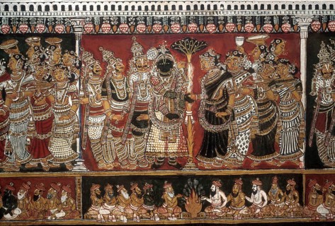 18th century Ramayana epic murals fresco painting on Bodi Zamin palace walls in Bodinayakanur