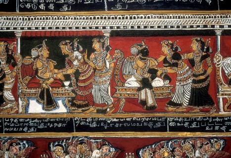 18th century Ramayana epic murals fresco painting on Bodi Zamin palace walls in Bodinayakanur