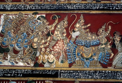 18th century Ramayana epic murals fresco painting on Bodi Zamin palace walls in Bodinayakanur