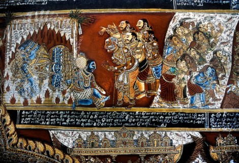 18th century Ramayana epic murals fresco painting on Bodi Zamin palace walls in Bodinayakanur