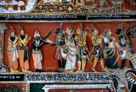18th century Ramayana epic murals fresco painting on Bodi Zamin palace walls in Bodinayakanur