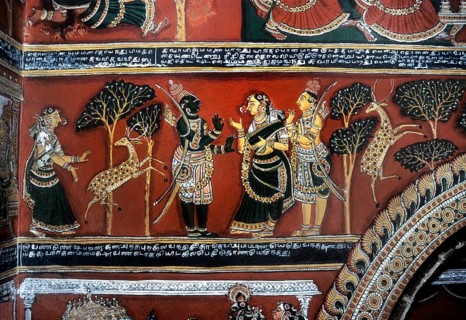 18th century Ramayana epic murals fresco painting on Bodi Zamin palace walls in Bodinayakanur