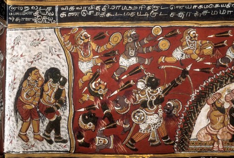 18th century Ramayana epic murals fresco painting on Bodi Zamin palace walls in Bodinayakanur