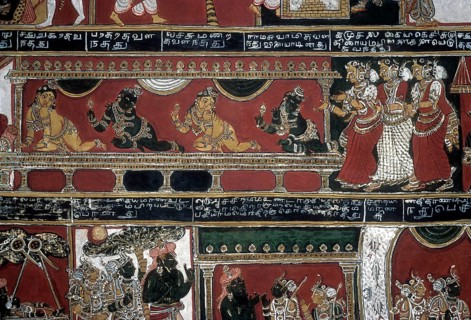 18th century Ramayana epic murals fresco painting on Bodi Zamin palace walls in Bodinayakanur
