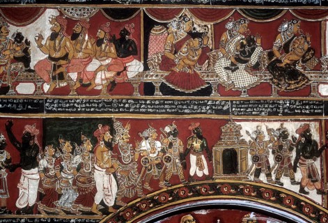 18th century Ramayana epic murals fresco painting on Bodi Zamin palace walls in Bodinayakanur