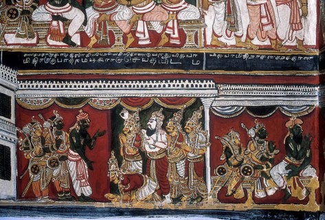 18th century Ramayana epic murals fresco painting on Bodi Zamin palace walls in Bodinayakanur