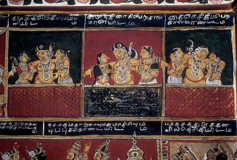 18th century Ramayana epic murals fresco painting on Bodi Zamin palace walls in Bodinayakanur