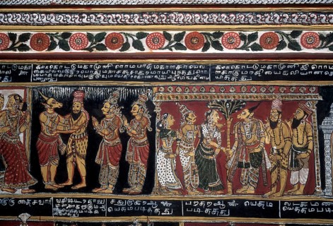 18th century Ramayana epic murals fresco painting on Bodi Zamin palace walls in Bodinayakanur