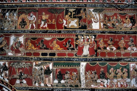 18th century Ramayana epic murals fresco painting on Bodi Zamin palace walls in Bodinayakanur