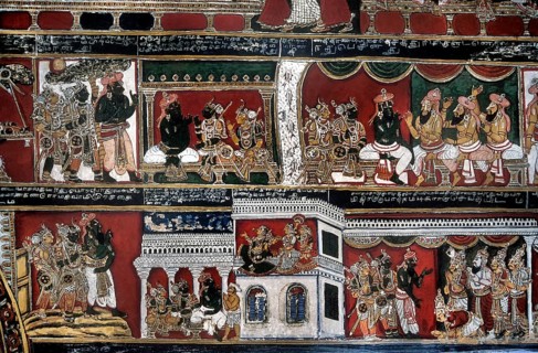 18th century Ramayana epic murals fresco painting on Bodi Zamin palace walls in Bodinayakanur