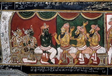 18th century Ramayana epic murals fresco painting on Bodi Zamin palace walls in Bodinayakanur