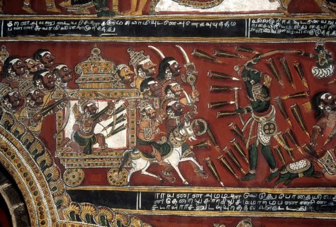 18th century Ramayana epic murals fresco painting on Bodi Zamin palace walls in Bodinayakanur